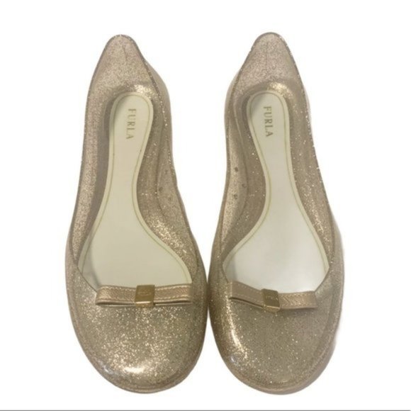 Furla Gold Glitter Jelly Ballet Flats Formal Wedding Prom Bridal Size 38 - Picture 1 of 8